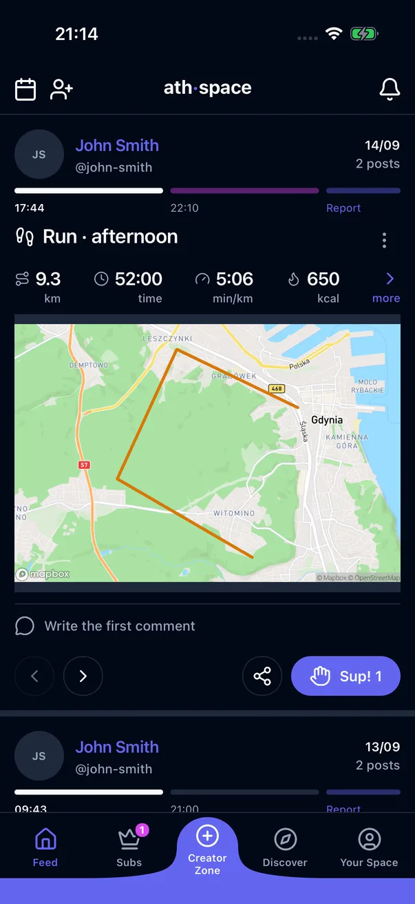 Fan screens in the ath·space app: a day card in the feed, an athlete’s profile and the Subs Zone