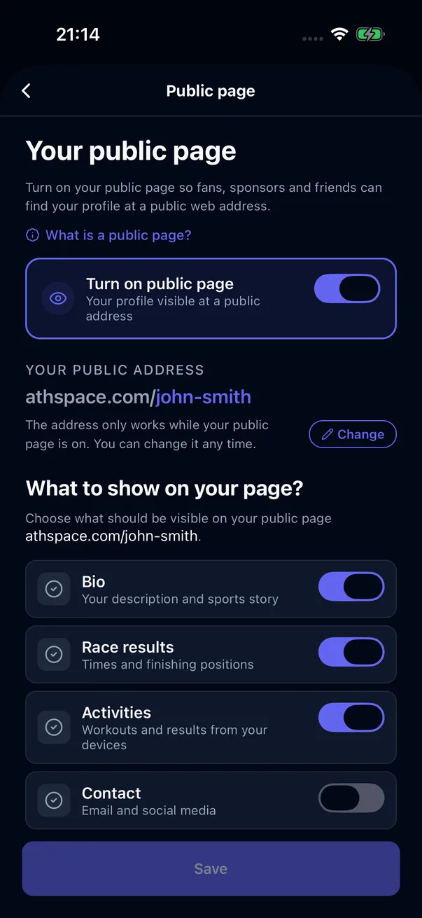 Public page settings: the page address and the choice of sections