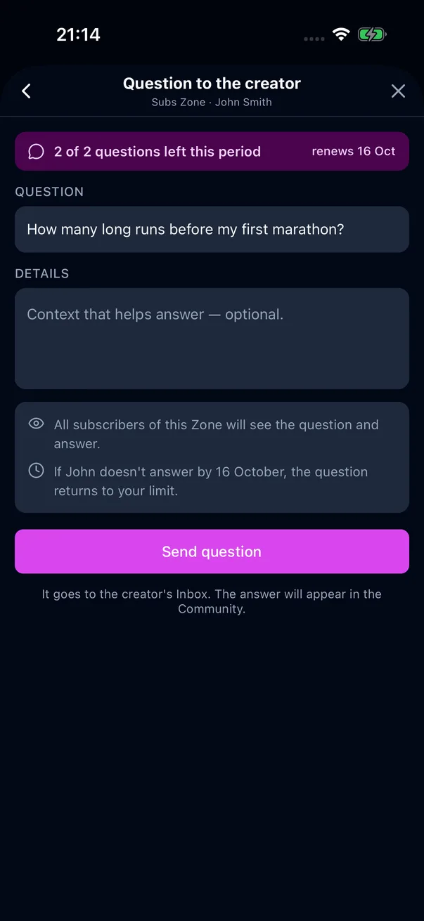 The ask sheet with the question limit for the period