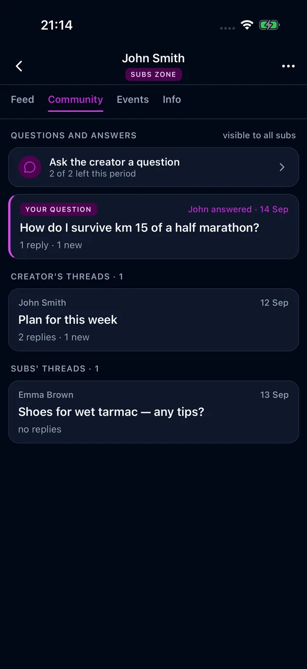 The Zone community: questions, the athlete’s threads and subscribers’ threads
