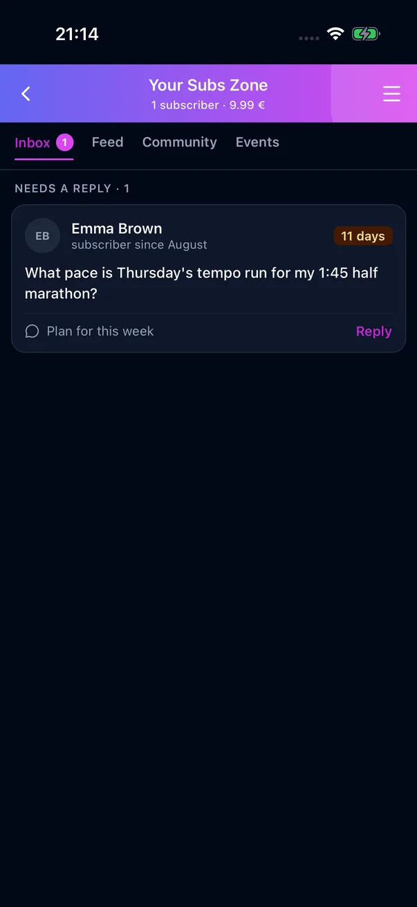 An athlete’s Subs Zone Inbox with a question from a subscriber