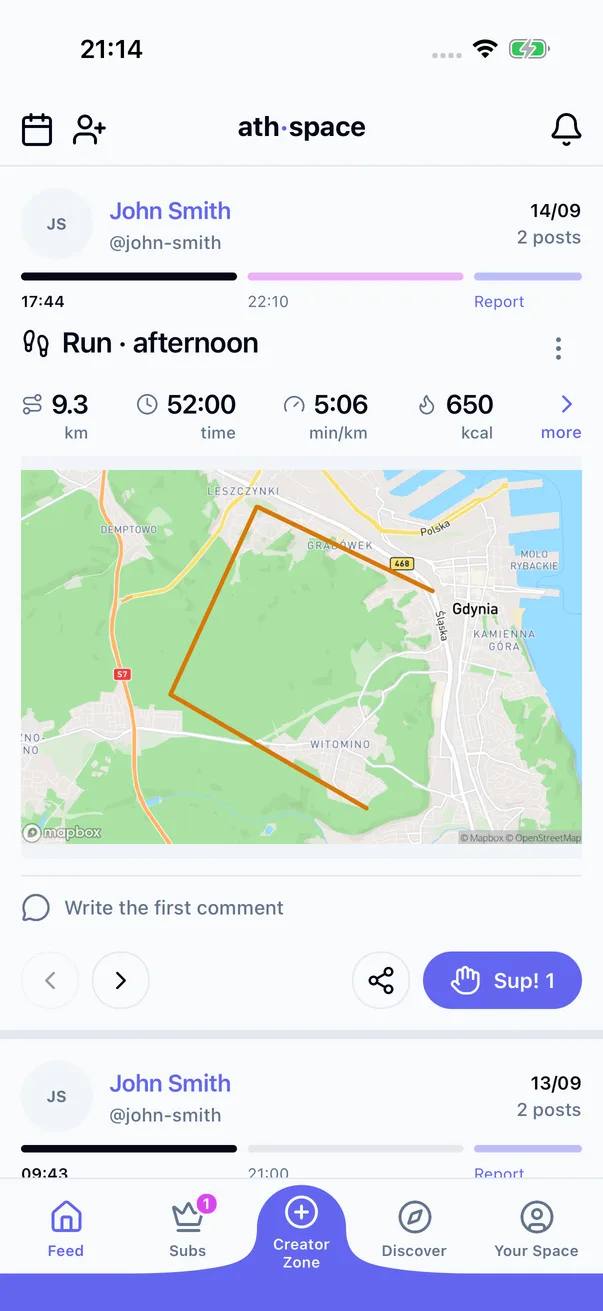 Fan screens in the ath·space app: a day card in the feed, an athlete’s profile and the Subs Zone