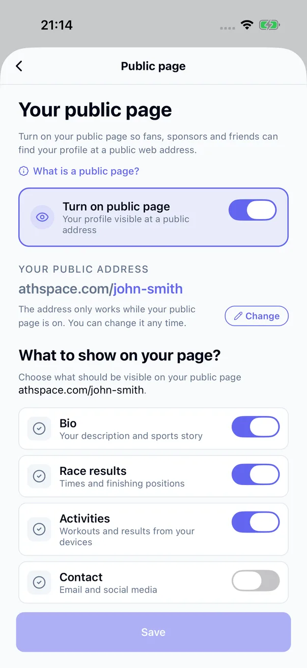 Public page settings: the page address and the choice of sections