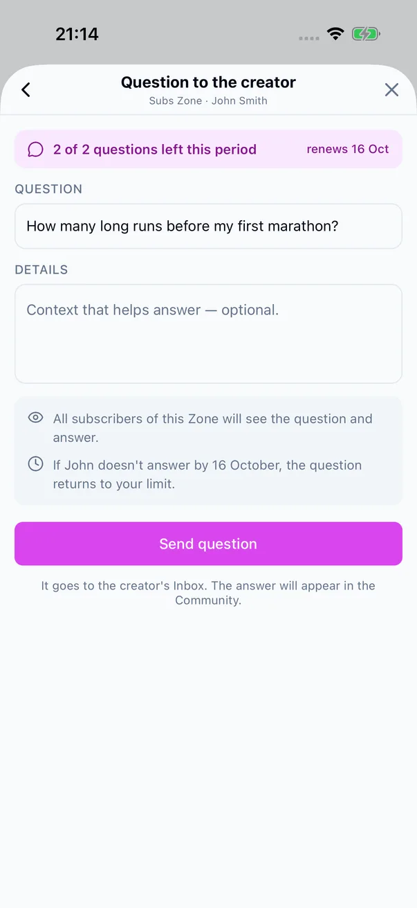 The ask sheet with the question limit for the period