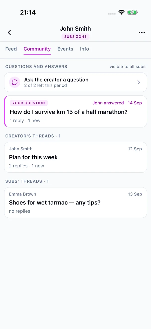 The Zone community: questions, the athlete’s threads and subscribers’ threads