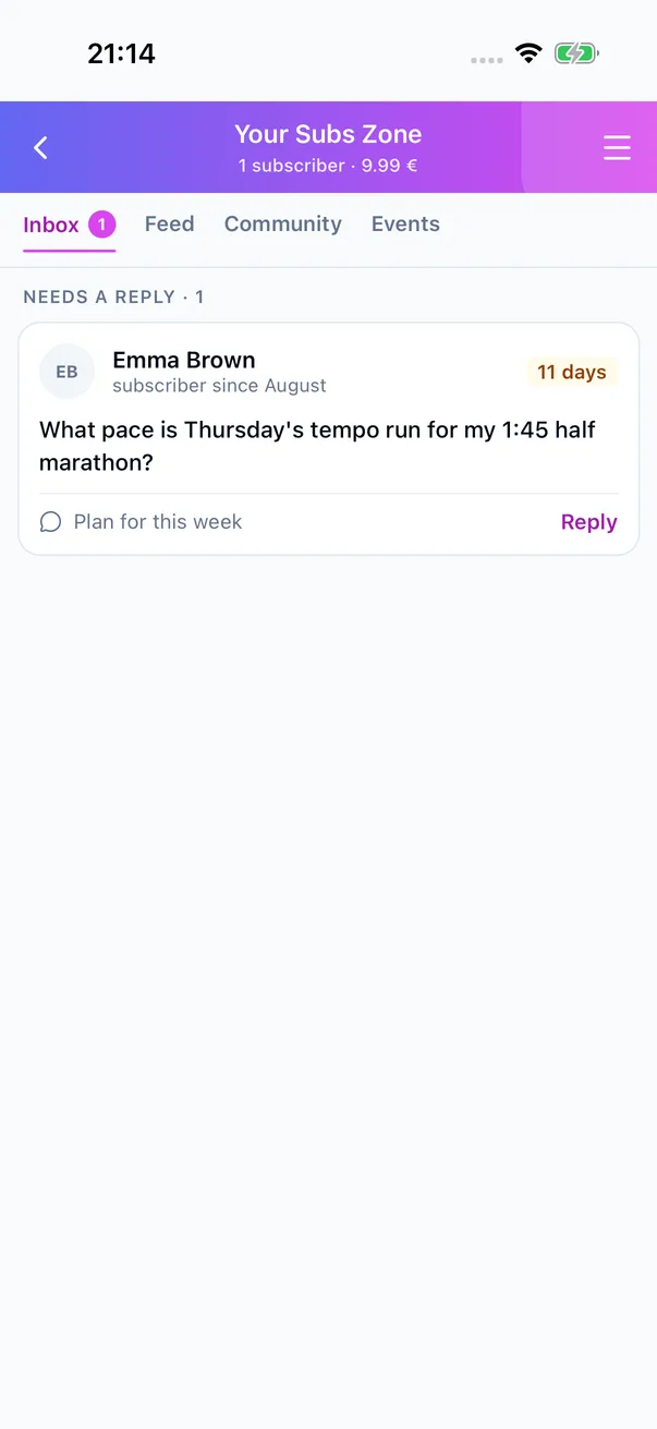 An athlete’s Subs Zone Inbox with a question from a subscriber