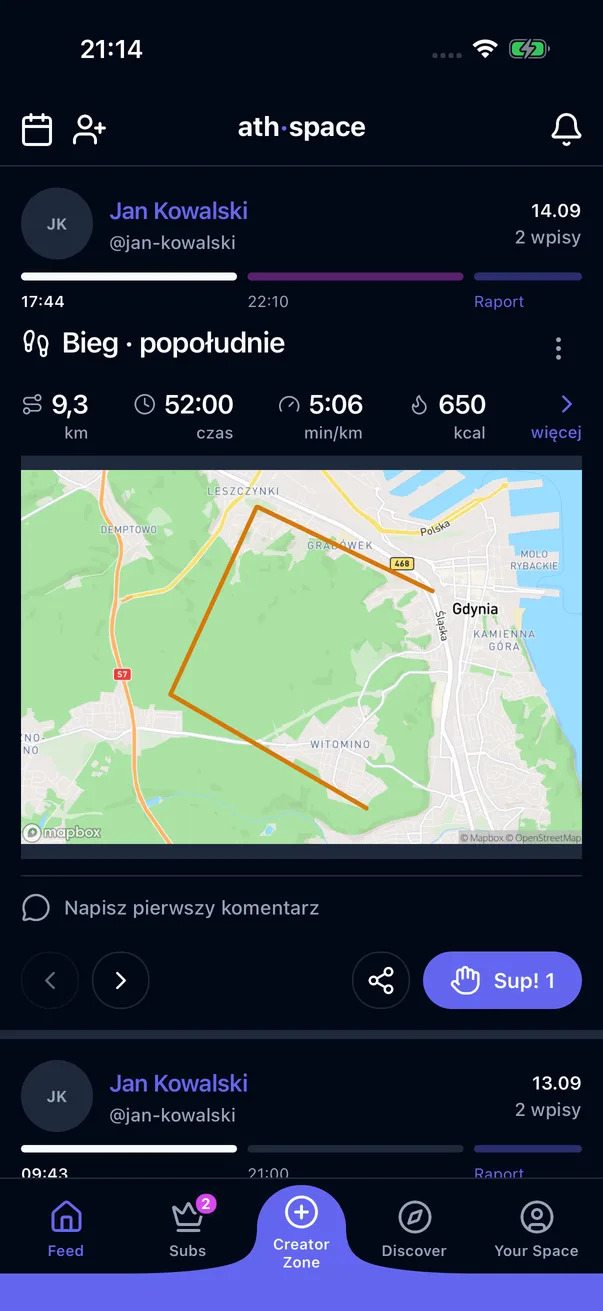 Ekrany kibica w aplikacji ath·space: karta dnia w feedzie, profil sportowca i Strefa Subs