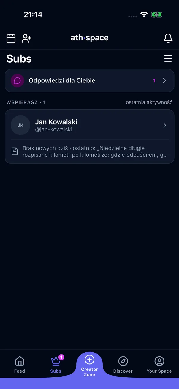 Zakładka Subs: Odpowiedzi dla Ciebie i lista Wspierasz
