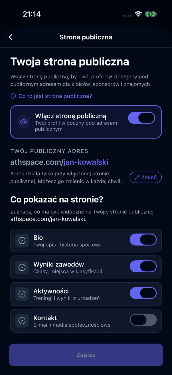 Ustawienia strony publicznej: adres athspace.com/jan-kowalski i wybór sekcji