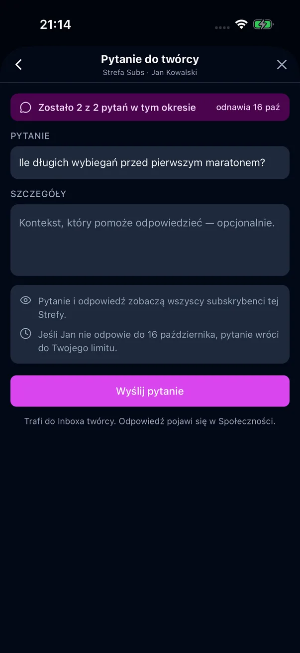 Arkusz pytania do sportowca z limitem pytań w okresie