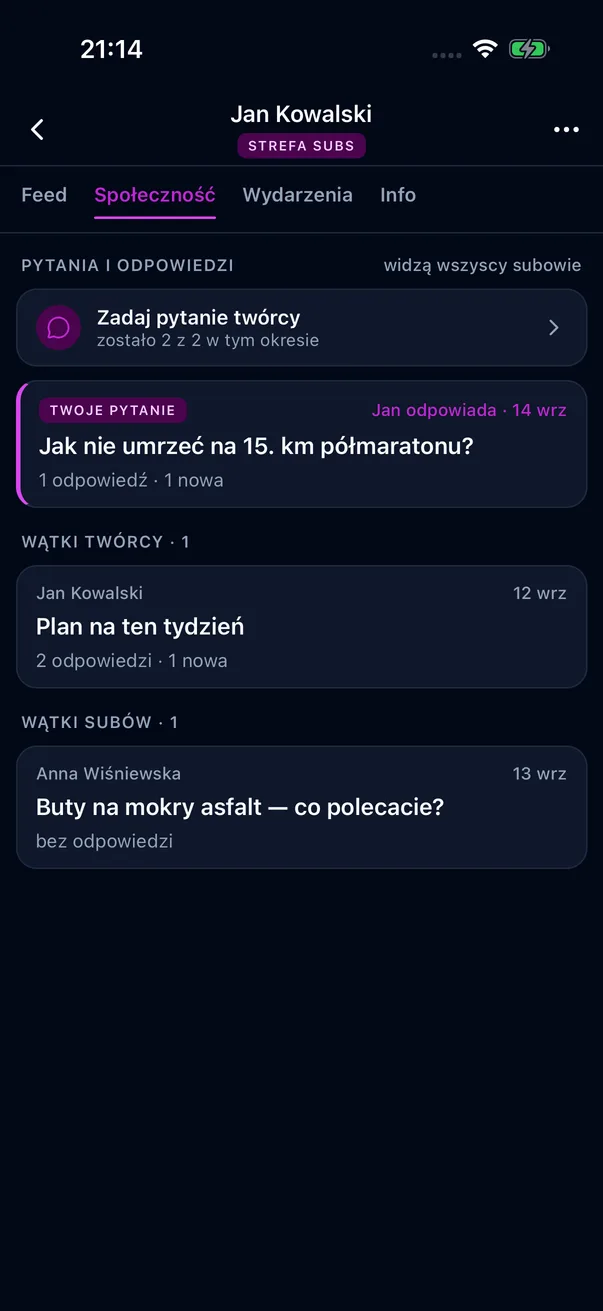 Społeczność Strefy: pytania, wątki sportowca i wątki subskrybentów