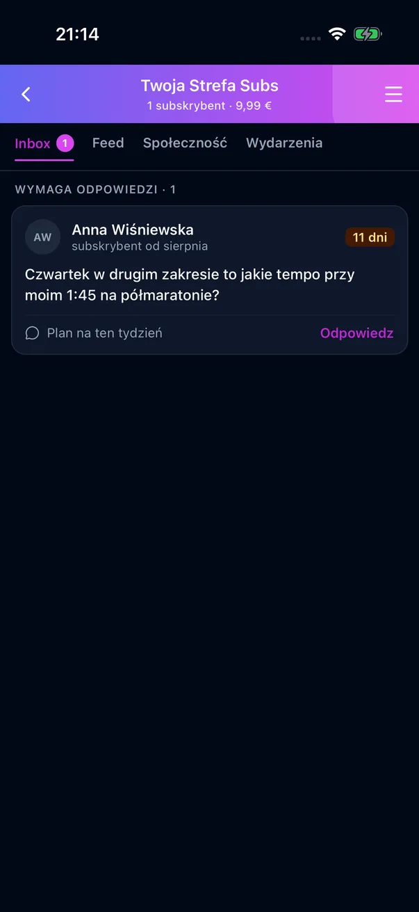 Inbox Strefy Subs sportowca z pytaniem od subskrybentki