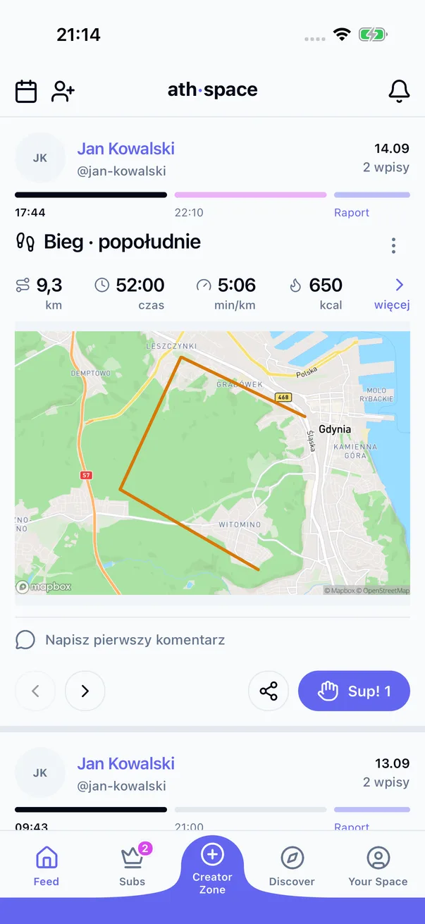 Ekrany kibica w aplikacji ath·space: karta dnia w feedzie, profil sportowca i Strefa Subs