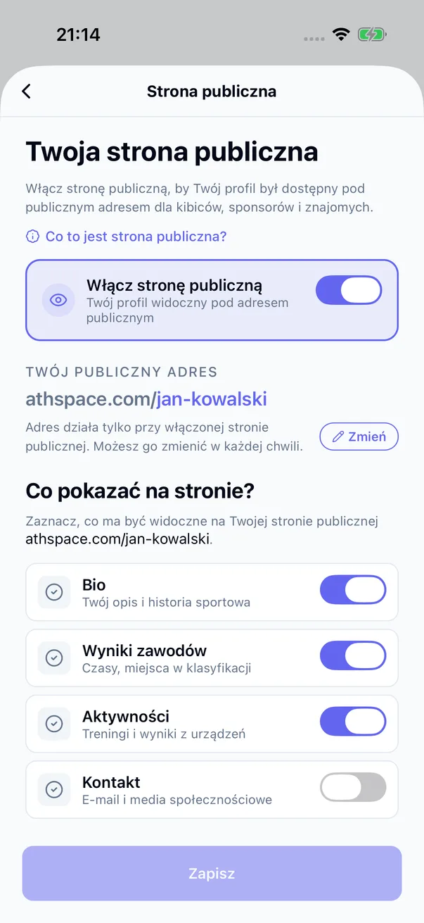 Ustawienia strony publicznej: adres athspace.com/jan-kowalski i wybór sekcji