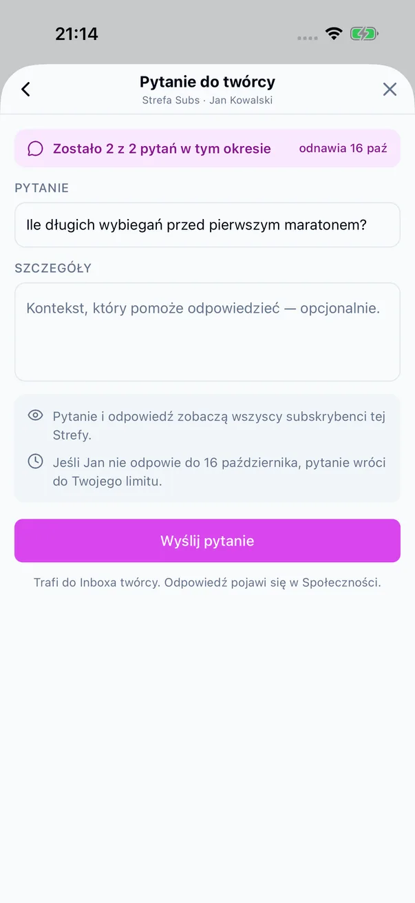 Arkusz pytania do sportowca z limitem pytań w okresie