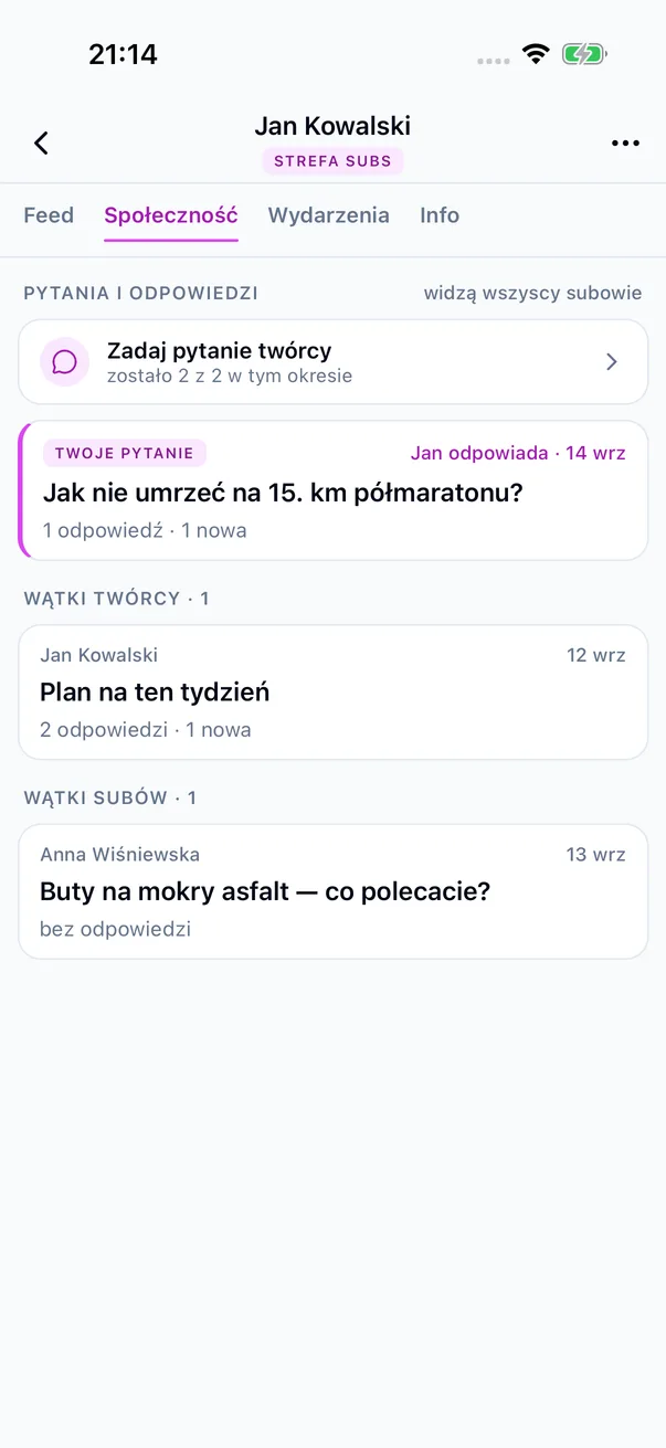 Społeczność Strefy: pytania, wątki sportowca i wątki subskrybentów