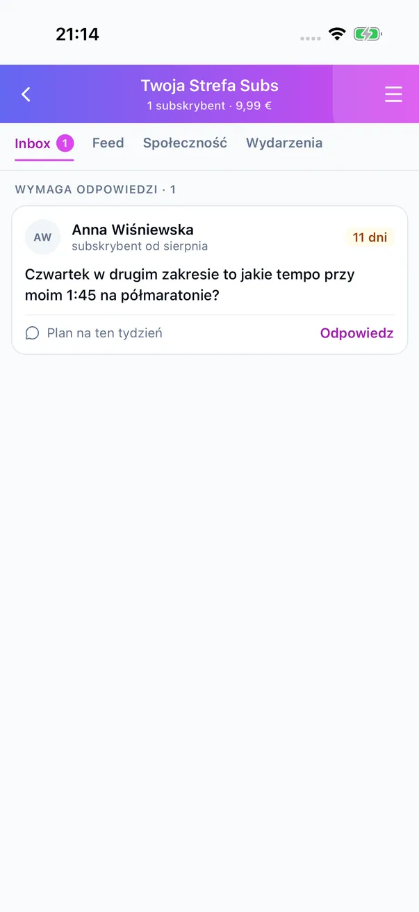 Inbox Strefy Subs sportowca z pytaniem od subskrybentki